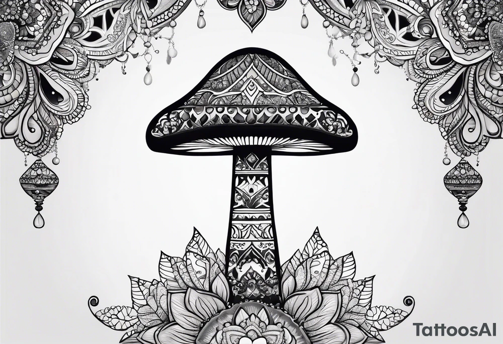 Black mushroom tattoo with henna style mandala design surrounding it tattoo idea