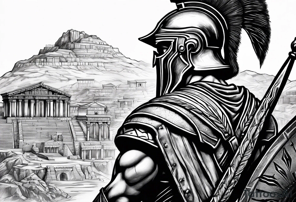Spartan solider looking at ancient city tattoo idea