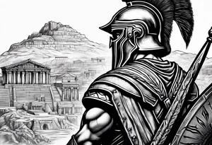 Spartan solider looking at ancient city tattoo idea