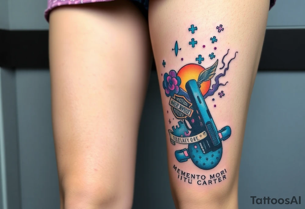 colorful futuristic memory tattoo for passed boyfriend; Florida, gulf coast water, Harley Davidson, skateboarding, puzzle pieces, video games, heaven, god, outdoors, beretta 9mm gun, disc golf, words "MEMENTO MORI" & DARTH CARTER tattoo idea
