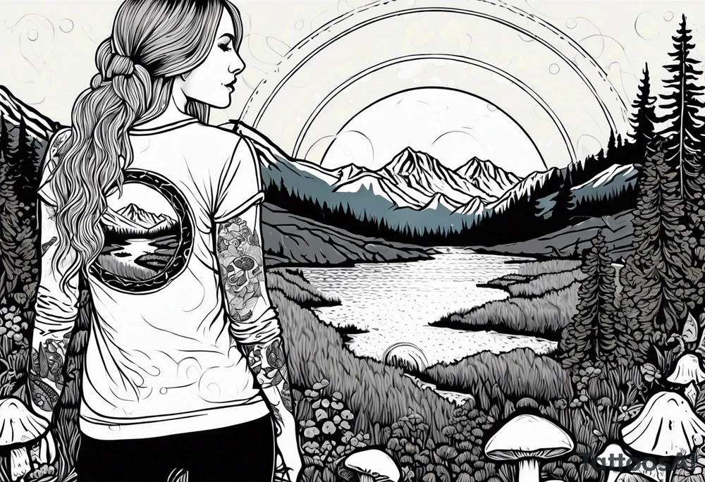 Whole picture encircled fully

Straight long blonde hair hippie girl in distance holding mushrooms in hand facing away toward mountains and creek surrounded by mushrooms long sleeve shirt and hiking pants; whole rendering within a full circle, no cut off circle tattoo idea