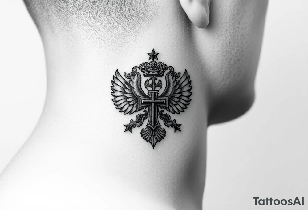 russian coat arms in a russian christian orthodox cross with the cross in the middle with a virgin mary & orthodox dome church on the side of the neck tattoo idea