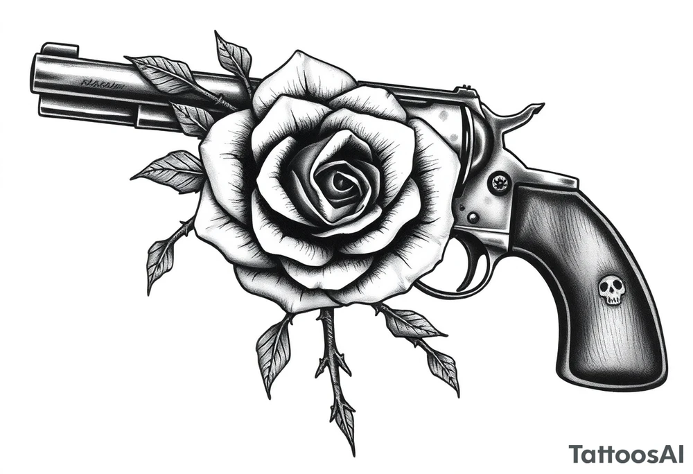 A single thorny rose wrapping around a vintage revolver barrel, silhouetted by a skull. tattoo idea