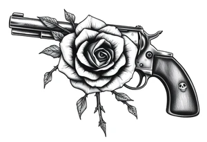 A single thorny rose wrapping around a vintage revolver barrel, silhouetted by a skull. tattoo idea