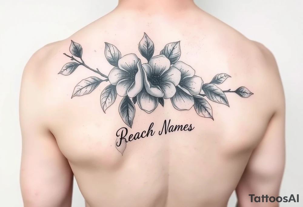 Peach branch with names scripted tattoo idea