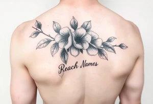 Peach branch with names scripted tattoo idea