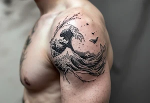 Fine line powerful ocean half sleeve with a wave, a whale and other elements with some shading tattoo idea
