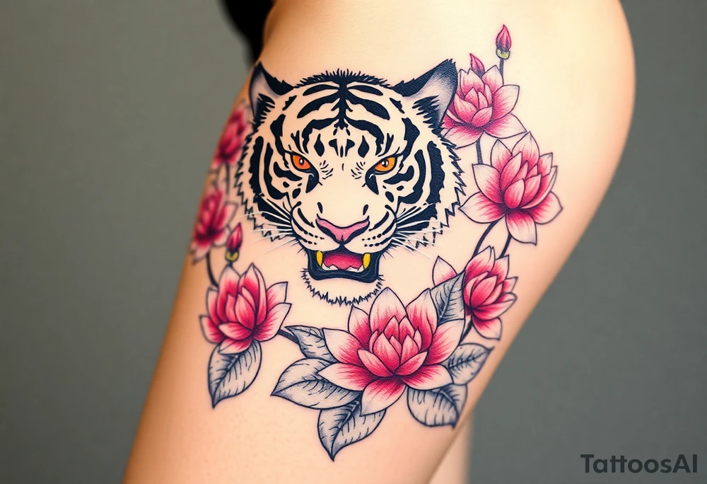 fierce tiger emerging through blooming lotus flowers in mist tattoo idea