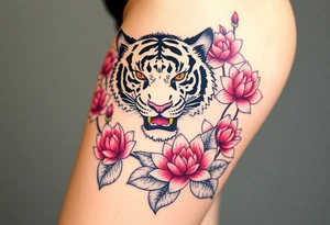 fierce tiger emerging through blooming lotus flowers in mist tattoo idea