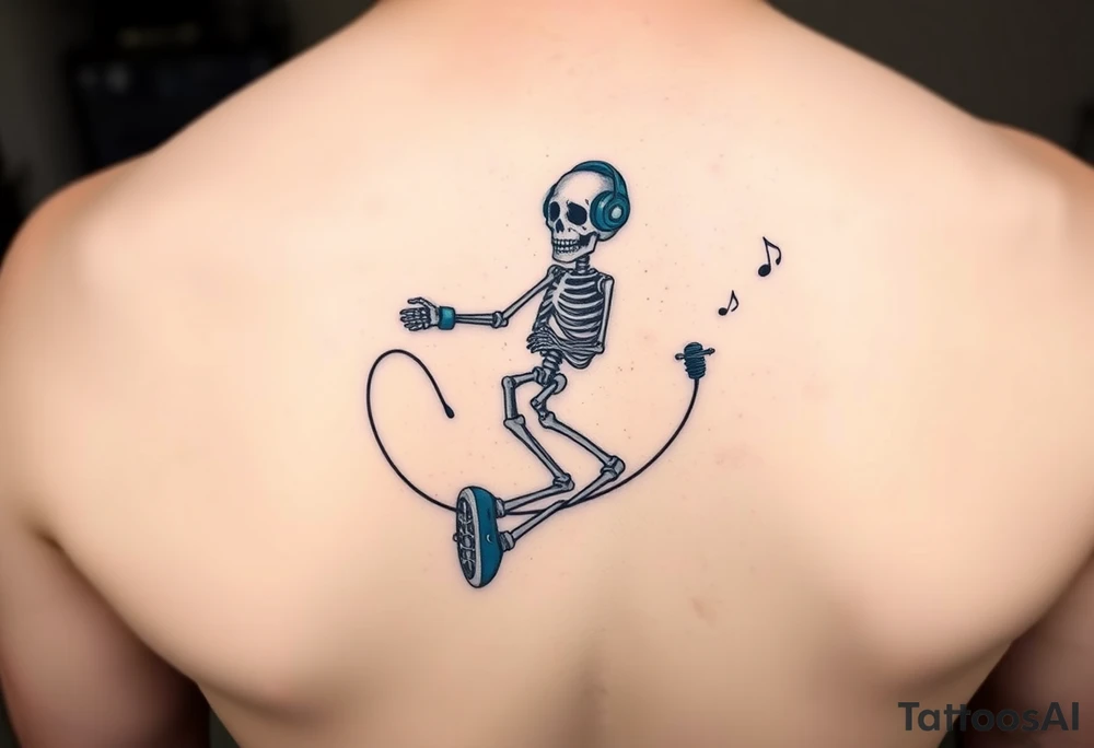 Minimalist funny looking  young skeleton skipping on a jumping rope with blue headphone blue tennis shoes blue arm bands and music notes colorful tattoo idea
