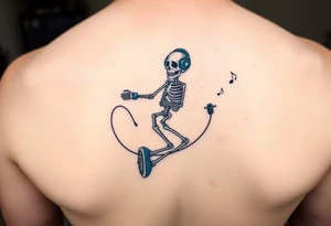 Minimalist funny looking  young skeleton skipping on a jumping rope with blue headphone blue tennis shoes blue arm bands and music notes colorful tattoo idea