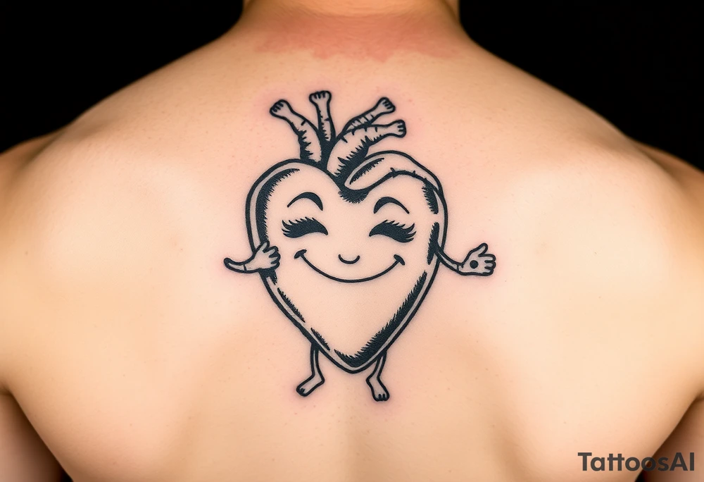 heart with a smirky face and human parts like hands and feet (stick figure like) the heart is jumping rope tattoo idea