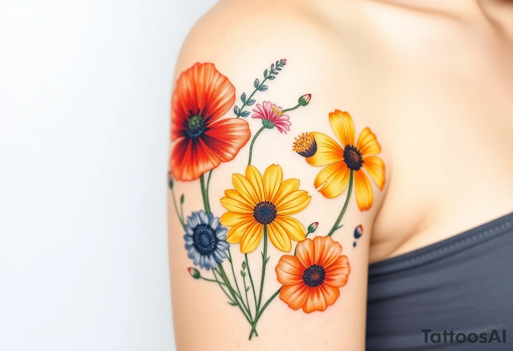 Create an image of an upper arm tattoo (from shoulder cap to just above the elbow) comprised of California poppies, California blackberries, gray’s lupine, marsh marigold, Indian paintbrush, one daisy, and an orange and orange blossom. Use color tattoo idea
