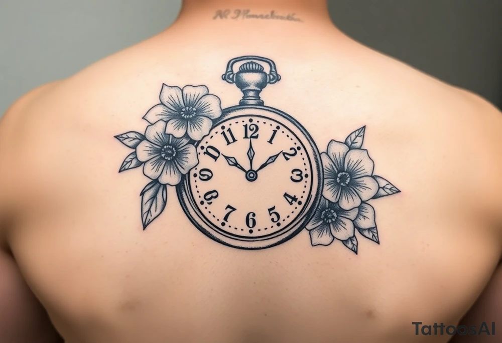 Antique pocket watch with flowers on it and the time is set to 5:03 tattoo idea