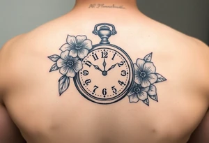 Antique pocket watch with flowers on it and the time is set to 5:03 tattoo idea