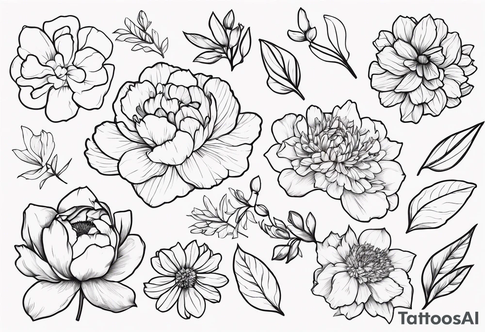 tattoo design with all these flowers peony, carnation, daffodil, daphne, dahlia, desiree, daisy and rose tattoo idea