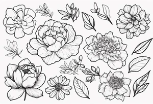 tattoo design with all these flowers peony, carnation, daffodil, daphne, dahlia, desiree, daisy and rose tattoo idea