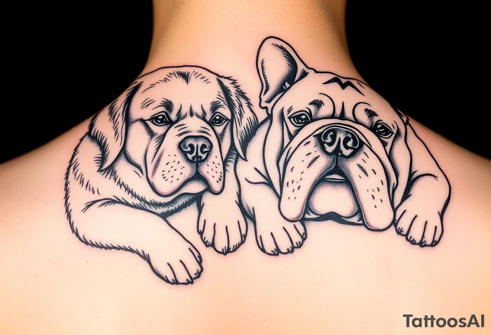 a golden retriever and an english bulldog, lying besides each other, head to head, foreheads touching tattoo idea