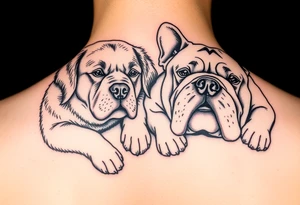 a golden retriever and an english bulldog, lying besides each other, head to head, foreheads touching tattoo idea