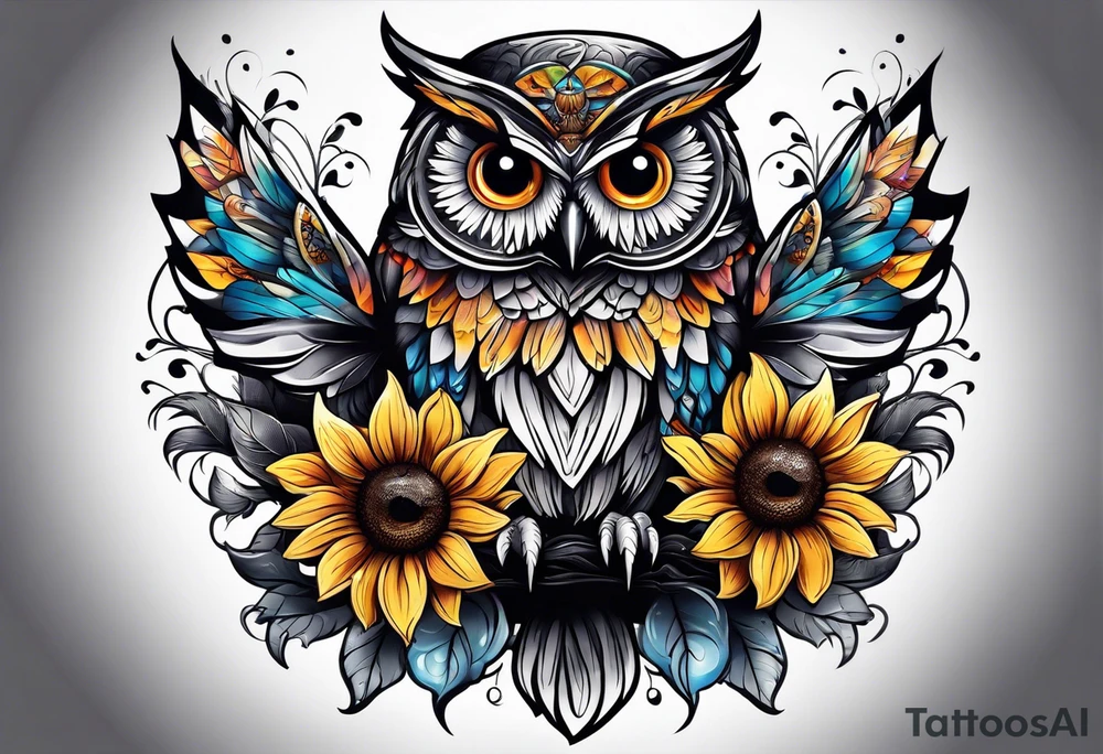 Owl with sunflower and butterfly tattoo idea
