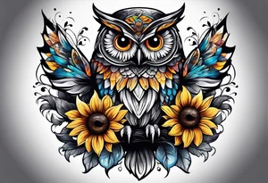 Owl with sunflower and butterfly tattoo idea
