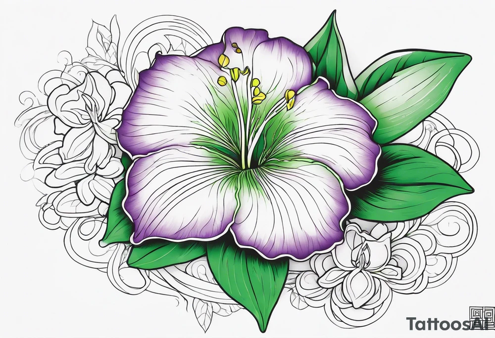 An outline of a green rio dipladenia flower and a green/purple in the background tattoo idea