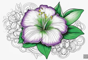 An outline of a green rio dipladenia flower and a green/purple in the background tattoo idea