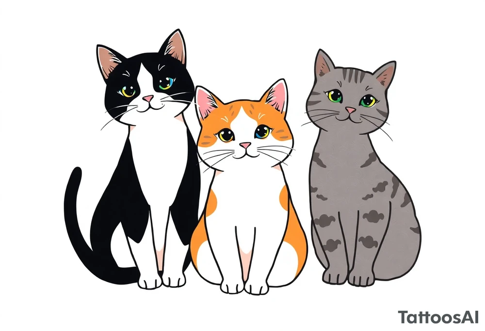 three cats, one black and white cat, one orange and white cat and one grey tabby cat tattoo idea