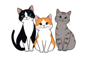 three cats, one black and white cat, one orange and white cat and one grey tabby cat tattoo idea