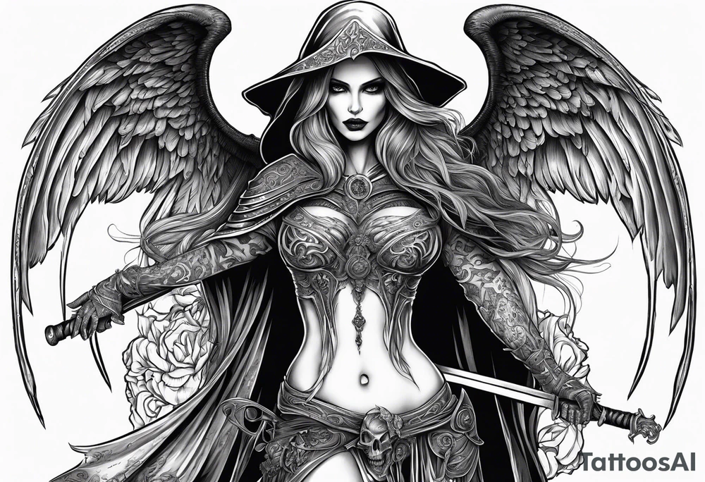 Lady death grim reaper with angel wings, scythe and skulls and tattoo idea