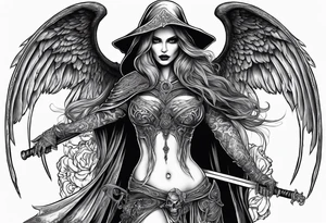 Lady death grim reaper with angel wings, scythe and skulls and tattoo idea
