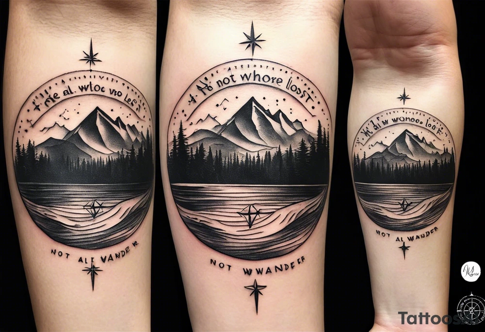 A half sleeve tattoo that features the quote **"Not all who wander are lost"** in elegant script on the outer forearm. Surrounding it are a compass rose and flowing elements like mountains, waves, and trees, symbolizing adventure and nature. Small travel icons like a plane and backpack are interspersed, enhancing the theme of exploration. The design uses a dynamic look that wraps naturally around your forearm. tattoo idea