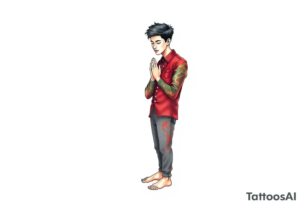 Handsome Asian young guy is standing on his knees apologising tattoo idea