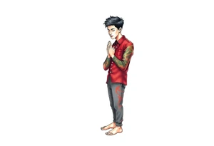 Handsome Asian young guy is standing on his knees apologising tattoo idea