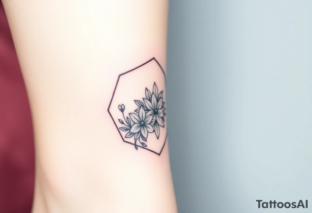 Faint Hexagon with Leo, larkspur and water lilies in the center tattoo idea