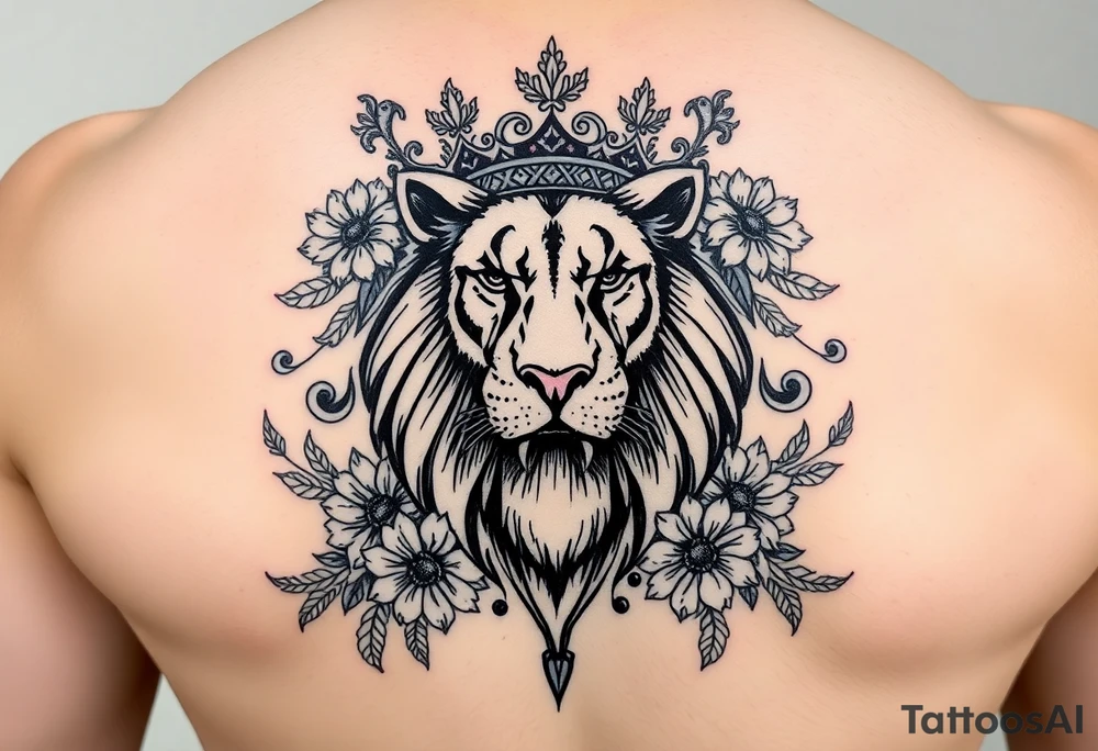 powerful majestic lion with a crown, surrounded by floral ornaments and birds tattoo idea