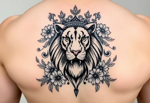powerful majestic lion with a crown, surrounded by floral ornaments and birds tattoo idea