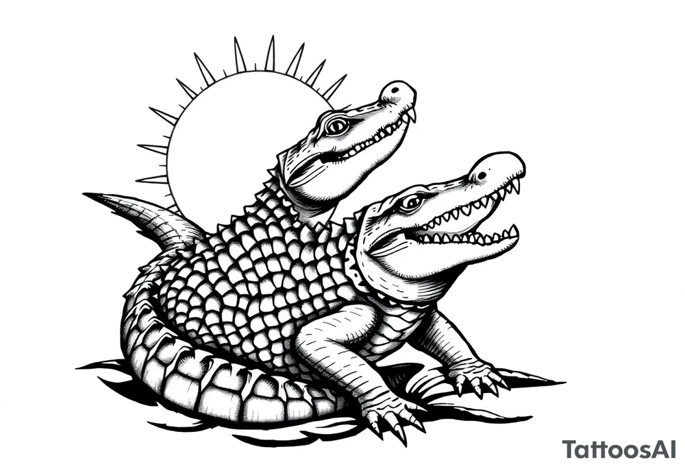 can I have the gator positioned vertically to the left of the sun with the sun on the right . the gator should have its full body tattoo idea