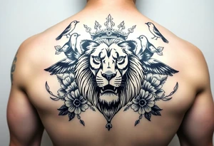 powerful majestic lion with a crown, surrounded by floral ornaments and birds tattoo idea