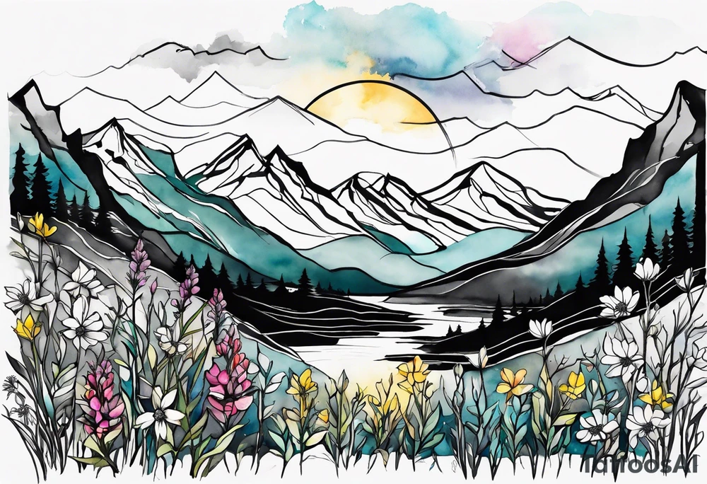 4-6in in length line - wildflower in watercolor represents overcoming challenges & strength - mountains, waves with a little sunshine tattoo idea