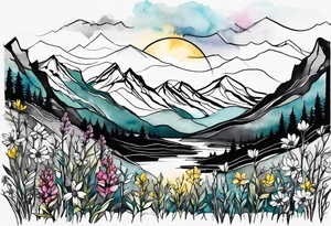 4-6in in length line - wildflower in watercolor represents overcoming challenges & strength - mountains, waves with a little sunshine tattoo idea