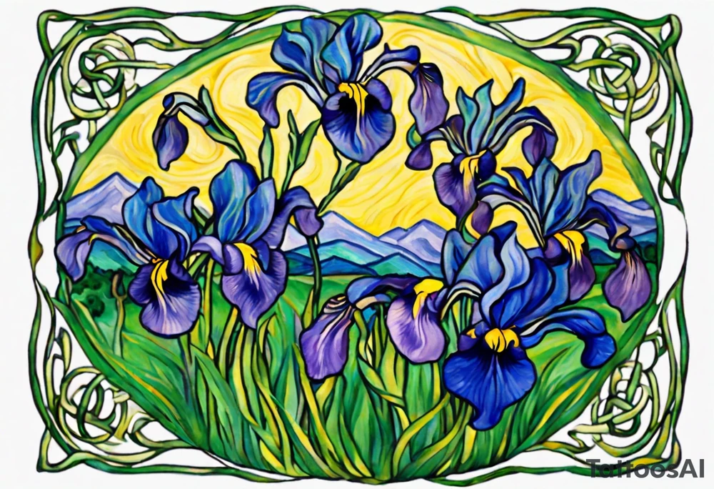 Create a condensed, thick, colorful Vincent van Gogh Irises tattoo, with vines in Celtic knots gracefully intertwining at mountains, needs to be present. The intended placement is on the upper chest. The overall design should be small in size while maintaining a delicate and artistic aesthetic. Pay attention to the graceful flow of the vines and the placement of the irises to achieve a refined and elegant look. tattoo idea