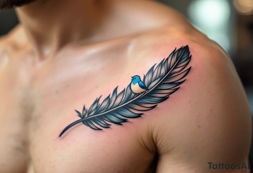 A black ink feather turning into birds, with one bird in light blue representing the son’s spirit. tattoo idea