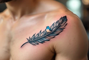 A black ink feather turning into birds, with one bird in light blue representing the son’s spirit. tattoo idea
