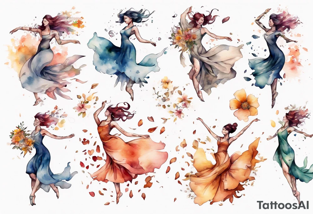 One Very feminine woman dancing in a wind of flower petals tattoo idea