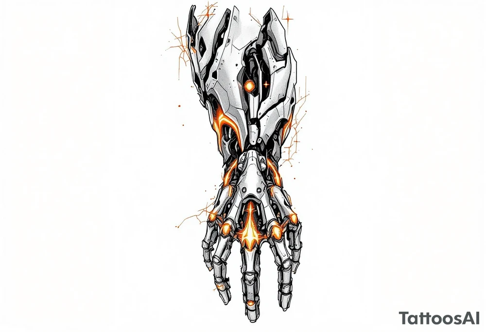 A half-human, half-robot hand in skin-tone fading into steel grey with glowing orange veins. tattoo idea