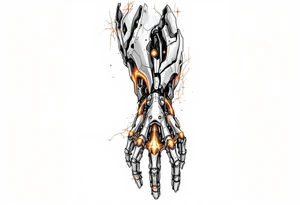 A half-human, half-robot hand in skin-tone fading into steel grey with glowing orange veins. tattoo idea