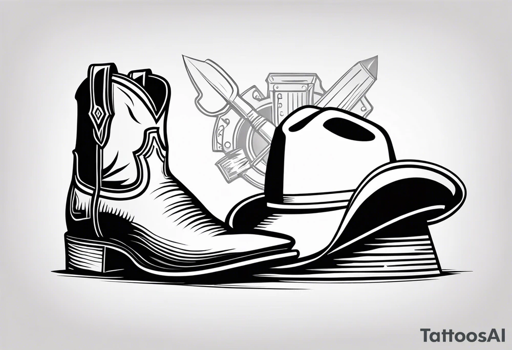 Square toe cowboy boots with Full brim hardhat on top with tools laying against tattoo idea