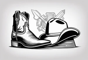 Square toe cowboy boots with Full brim hardhat on top with tools laying against tattoo idea