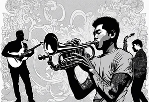 Muay thai boxer playing on tenor saxophone in a jazz club front of a jazz trio band. The notes coming out from the saxophone are turning into buddhist symbols. tattoo idea